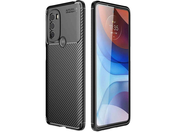 Hochwertig stabile Soft TPU Smartphone Handy Hülle im Carbon Design für Motorola Moto G41 zum Schutz des Display und Gehäuse Cover in schwarz von Screenguard