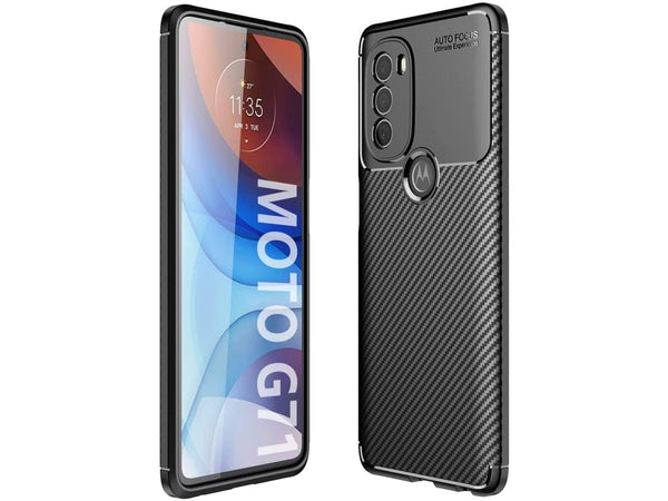 Hochwertig stabile Soft TPU Smartphone Handy Hülle im Carbon Design für Motorola Moto G71 5G zum Schutz des Display und Gehäuse Cover in schwarz von Screenguard