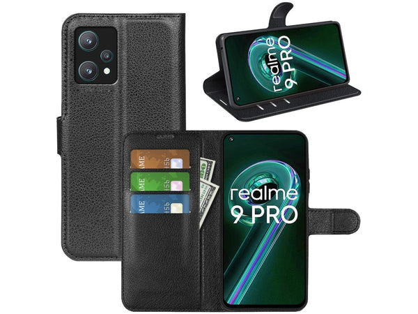 Lederhülle Portemonnaie Karten Ledertasche für Realme 9 Pro in schwarz von Screenguard