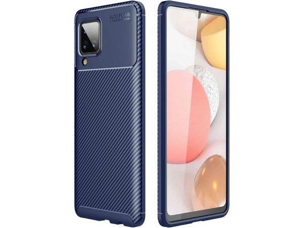 Hochwertig stabile Soft TPU Smartphone Handy Hülle im Carbon Design für Samsung Galaxy A12 zum Schutz des Display und Gehäuse Cover in blau von Screenguard