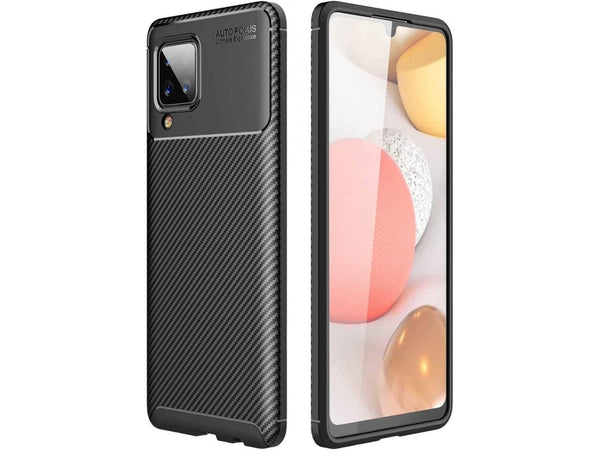 Hochwertig stabile Soft TPU Smartphone Handy Hülle im Carbon Design für Samsung Galaxy A12 zum Schutz des Display und Gehäuse Cover in schwarz von Screenguard