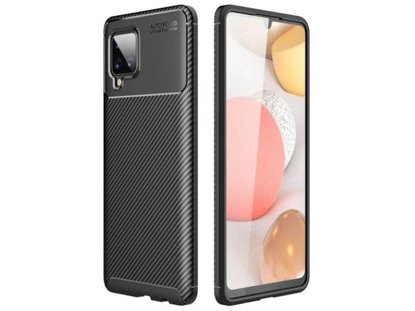 Hochwertig stabile Soft TPU Smartphone Handy Hülle im Carbon Design für Samsung Galaxy A42 5G zum Schutz des Display und Gehäuse Cover in schwarz von Screenguard