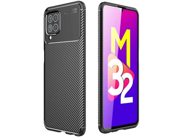 Hochwertig stabile Soft TPU Smartphone Handy Hülle im Carbon Design für Samsung Galaxy M32 zum Schutz des Display und Gehäuse Cover in schwarz von Screenguard