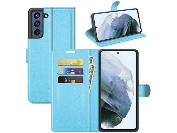 Lederhülle Portemonnaie Karten Ledertasche für Samsung Galaxy S21 FE in hellblau von Screenguard