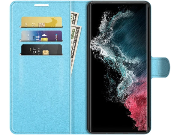 Lederhülle Portemonnaie Karten Ledertasche für Samsung Galaxy S22 Ultra in hellblau von Screenguard