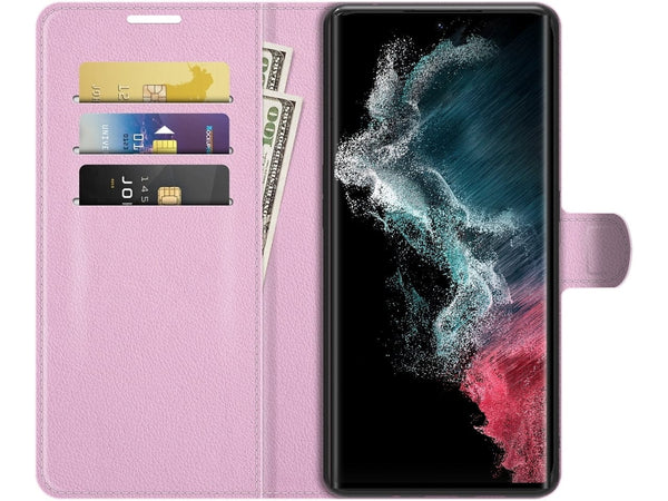 Lederhülle Portemonnaie Karten Ledertasche für Samsung Galaxy S22 Ultra in rosa von Screenguard