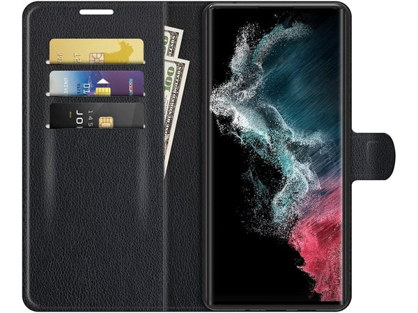 Lederhülle Portemonnaie Karten Ledertasche für Samsung Galaxy S22 Ultra in schwarz von Screenguard