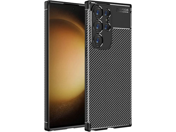 Hochwertig stabile Soft TPU Smartphone Handy Hülle im Carbon Design für Samsung Galaxy S23 Ultra zum Schutz des Display und Gehäuse Cover in schwarz von Screenguard