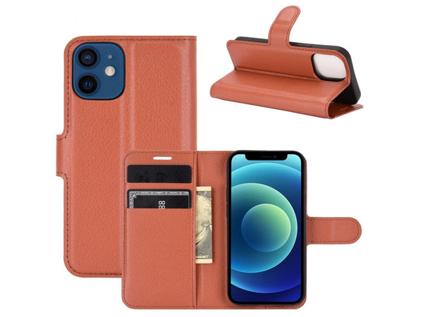 Lederhülle Portemonnaie Karten Ledertasche für Apple iPhone 12 mini in braun von Screenguard