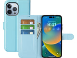 Lederhülle Karten Wallet Ledertasche Etui für Apple iPhone 14 Pro in hellblau von Screenguard