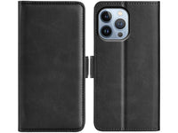 Veganes Flip Case Leder Etui Hülle mit Karten Fächer und Sichtfenster für Apple iPhone 14 Pro in schwarz von Screenguard