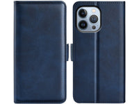 Veganes Flip Case Leder Etui Hülle mit Karten Fächer und Sichtfenster für Apple iPhone 14 Pro Max in dunkelblau von Screenguard