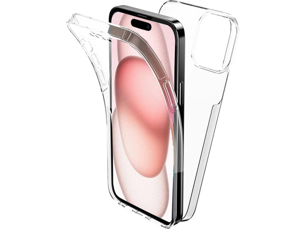 Vollständige 360 Grad Rundum Gummi TPU Hülle zum beidseitigen Schutz des Apple iPhone 15 Display und Gehäuse in transparent von Screenguard