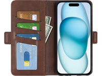 Veganes Flip Case Leder Etui Hülle mit Karten Fächer und Sichtfenster für Apple iPhone 15 in mokka von Screenguard