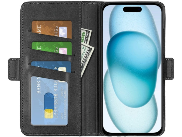 Veganes Flip Case Leder Etui Hülle mit Karten Fächer und Sichtfenster für Apple iPhone 15 in schwarz von Screenguard