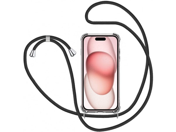 Necklace Handy Hülle mit Kordel Kette schwarz zum Tragen des Apple iPhone 15 am Körper wie Handtasche Lanyard, stabil mit erhöhten Rändern und Kanten in transparent von Screenguard