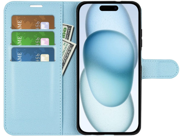 Lederhülle Portemonnaie Karten Ledertasche für Apple iPhone 15 Plus in hellblau von Screenguard