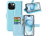 Lederhülle Karten Wallet Ledertasche Etui für Apple iPhone 15 Plus in hellblau von Screenguard