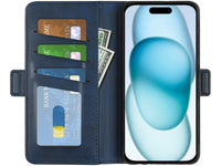 Veganes Flip Case Leder Etui Hülle mit Karten Fächer und Sichtfenster für Apple iPhone 15 Plus in dunkelblau von Screenguard