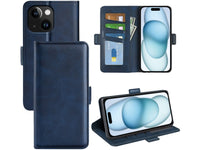 Veganes Flip Case Leder Etui Hülle mit Karten Fächer und Sichtfenster für Apple iPhone 15 Plus in dunkelblau von Screenguard