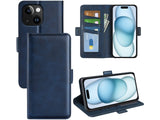 Veganes Flip Case Leder Etui Hülle mit Karten Fächer und Sichtfenster für Apple iPhone 15 Plus in dunkelblau von Screenguard