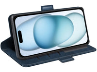 Veganes Flip Case Leder Etui Hülle mit Karten Fächer und Sichtfenster für Apple iPhone 15 Plus in dunkelblau von Screenguard