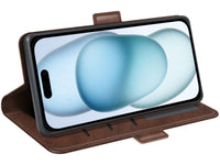 Veganes Flip Case Leder Etui Hülle mit Karten Fächer und Sichtfenster für Apple iPhone 15 Plus in mokka von Screenguard