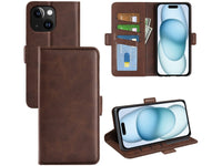 Veganes Flip Case Leder Etui Hülle mit Karten Fächer und Sichtfenster für Apple iPhone 15 Plus in mokka von Screenguard
