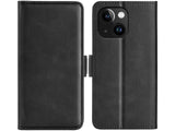 Veganes Flip Case Leder Etui Hülle mit Karten Fächer und Sichtfenster für Apple iPhone 15 Plus in schwarz von Screenguard