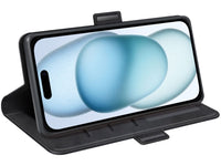 Veganes Flip Case Leder Etui Hülle mit Karten Fächer und Sichtfenster für Apple iPhone 15 Plus in schwarz von Screenguard