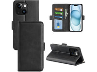 Veganes Flip Case Leder Etui Hülle mit Karten Fächer und Sichtfenster für Apple iPhone 15 Plus in schwarz von Screenguard