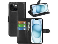 Lederhülle Karten Wallet Ledertasche Etui für Apple iPhone 15 Plus in schwarz von Screenguard