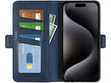 Veganes Flip Case Leder Etui Hülle mit Karten Fächer und Sichtfenster für Apple iPhone 15 Pro Max in dunkelblau von Screenguard