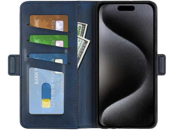 Veganes Flip Case Leder Etui Hülle mit Karten Fächer und Sichtfenster für Apple iPhone 15 Pro Max in dunkelblau von Screenguard
