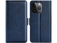Veganes Flip Case Leder Etui Hülle mit Karten Fächer und Sichtfenster für Apple iPhone 15 Pro Max in dunkelblau von Screenguard