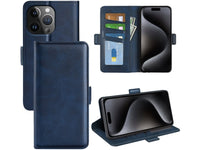 Veganes Flip Case Leder Etui Hülle mit Karten Fächer und Sichtfenster für Apple iPhone 15 Pro Max in dunkelblau von Screenguard