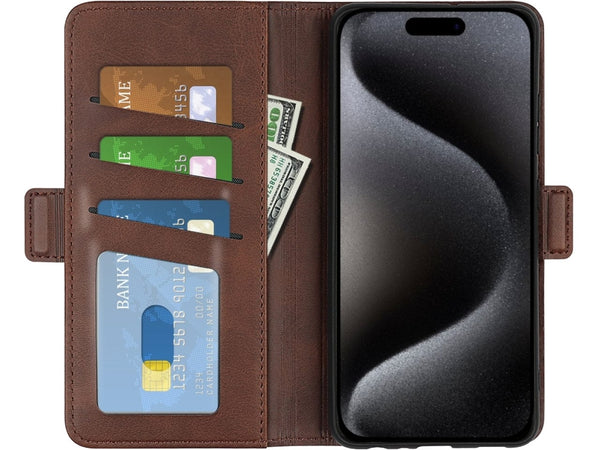 Veganes Flip Case Leder Etui Hülle mit Karten Fächer und Sichtfenster für Apple iPhone 15 Pro Max in mokka von Screenguard