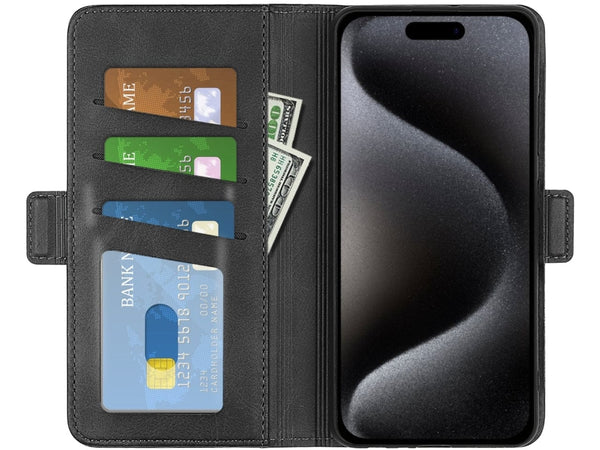 Veganes Flip Case Leder Etui Hülle mit Karten Fächer und Sichtfenster für Apple iPhone 15 Pro Max in schwarz von Screenguard