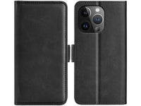 Veganes Flip Case Leder Etui Hülle mit Karten Fächer und Sichtfenster für Apple iPhone 15 Pro Max in schwarz von Screenguard