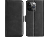 Veganes Flip Case Leder Etui Hülle mit Karten Fächer und Sichtfenster für Apple iPhone 15 Pro Max in schwarz von Screenguard