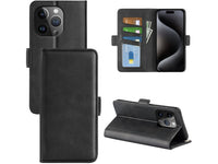 Veganes Flip Case Leder Etui Hülle mit Karten Fächer und Sichtfenster für Apple iPhone 15 Pro Max in schwarz von Screenguard