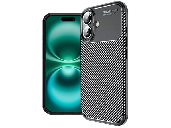 Hochwertig stabile Soft TPU Smartphone Handy Hülle im Carbon Design für Apple iPhone 16 zum Schutz des Display und Gehäuse Cover in schwarz von Screenguard