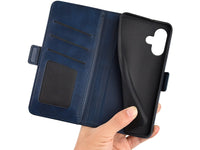 Veganes Flip Case Leder Etui Hülle mit Karten Fächer und Sichtfenster für Apple iPhone 16 in dunkelblau von Screenguard