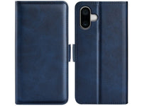 Veganes Flip Case Leder Etui Hülle mit Karten Fächer und Sichtfenster für Apple iPhone 16 in dunkelblau von Screenguard