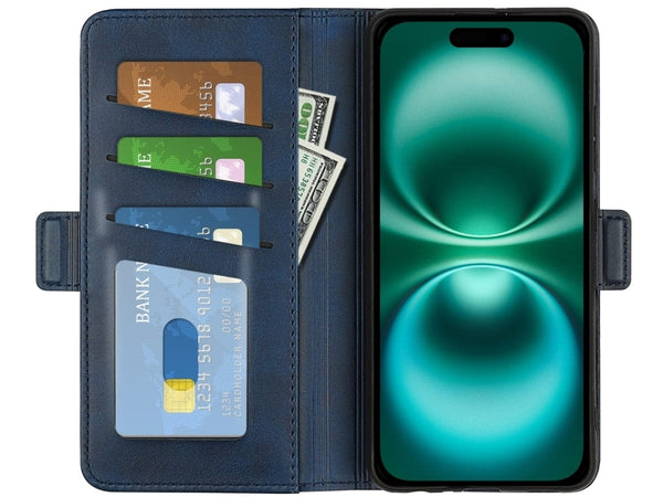 Veganes Flip Case Leder Etui Hülle mit Karten Fächer und Sichtfenster für Apple iPhone 16 in dunkelblau von Screenguard