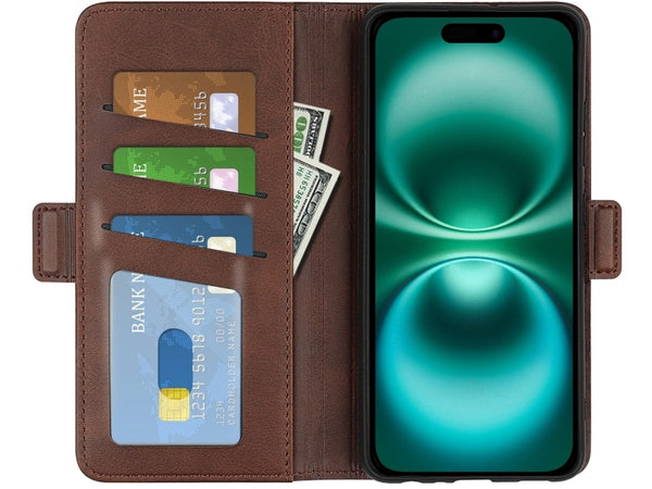 Veganes Flip Case Leder Etui Hülle mit Karten Fächer und Sichtfenster für Apple iPhone 16 in mokka von Screenguard