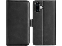 Veganes Flip Case Leder Etui Hülle mit Karten Fächer und Sichtfenster für Apple iPhone 16 in schwarz von Screenguard