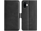 Veganes Flip Case Leder Etui Hülle mit Karten Fächer und Sichtfenster für Apple iPhone 16 in schwarz von Screenguard