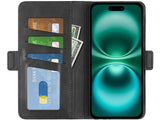 Veganes Flip Case Leder Etui Hülle mit Karten Fächer und Sichtfenster für Apple iPhone 16 in schwarz von Screenguard