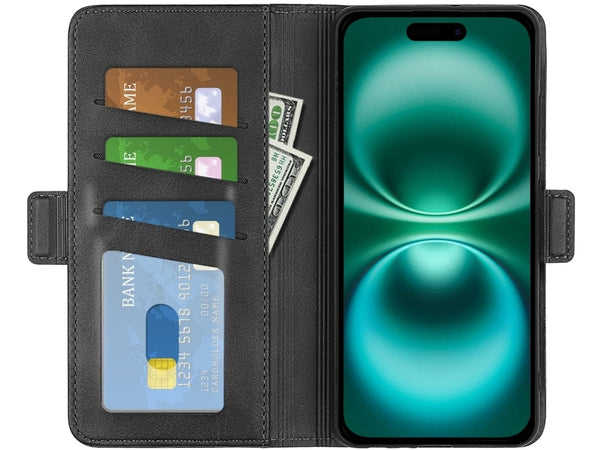 Veganes Flip Case Leder Etui Hülle mit Karten Fächer und Sichtfenster für Apple iPhone 16 in schwarz von Screenguard